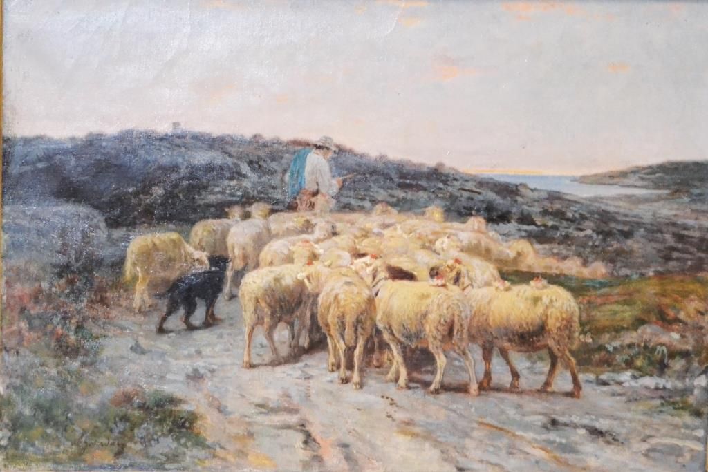 Null 泰奥多尔-茹尔丹(Théodore JOURDAN) (1833-1906)

"牧羊人和牛群"。

布面油画，左下方有签名。

45 x 65厘米