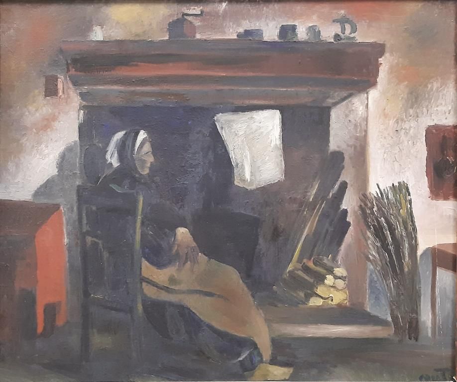 Jean COUTY (1907-1991) 
让-库伊（1907-1991）《壁炉边的女人》。 
布面油画，右下方有签名。46 x 55 厘米
