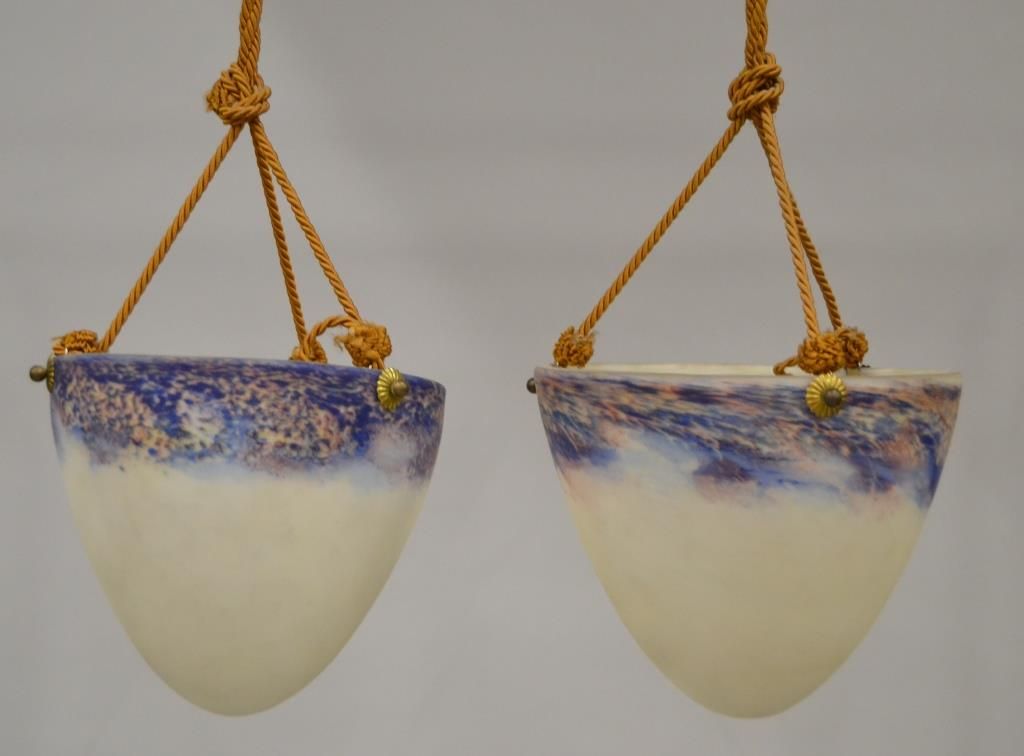 Null Le Verre Français - Two white and violet marbled glass suspensions.

Signed&hellip;