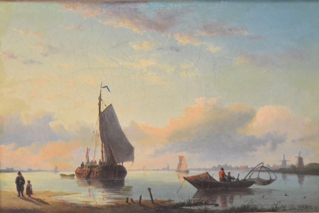 Null 
19世纪的荷兰学校
"停泊和船只"。
布面油画。右下角有签名的痕迹。(修复)
23 x 34 cm