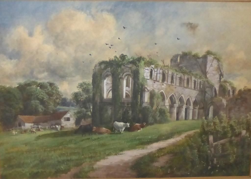 Null 法国学校 19世纪

"废墟附近的奶牛"。

水彩画，右下方有签名。

24 x 34 cm