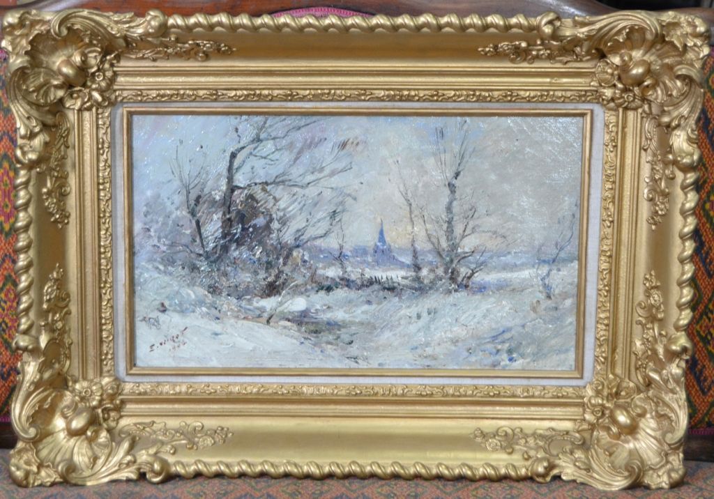 Emile NOIROT 埃米尔-诺罗(1853-1924)
"冬天的村庄景色 
布面油画，左下角有签名和日期。
(中间有小的修复)
28 x 46 cm