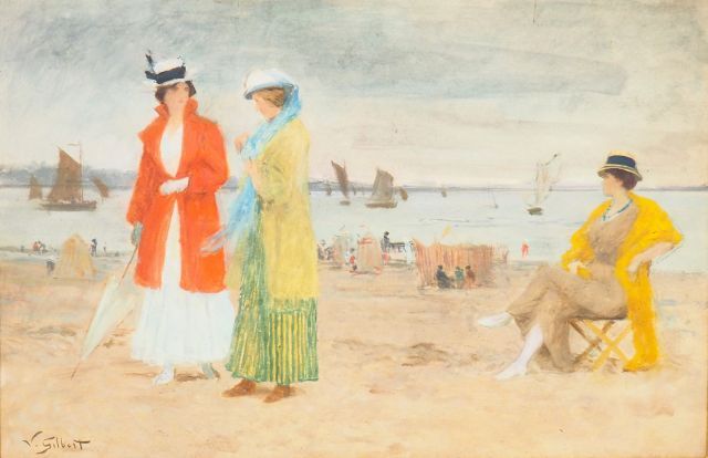 Null 维克多-吉尔伯特《海滩上的优雅女人

水彩画，左下角有签名

尺寸：29 x 44 cm