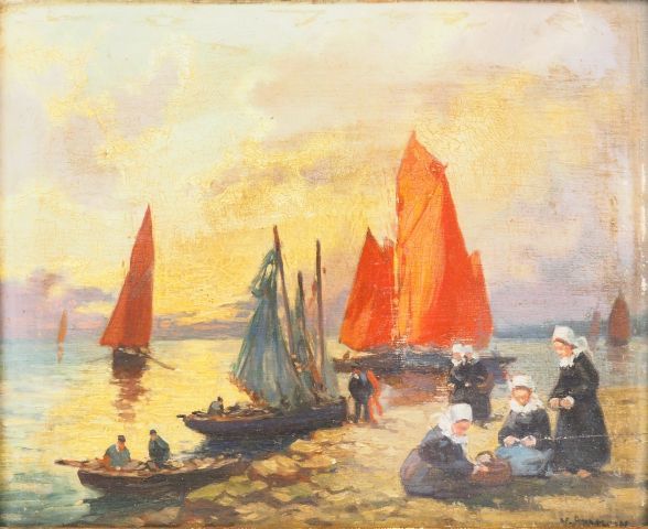 Null BARNOIN Henri Alphonse "钓鱼归来"。

面板油画，右下角有签名。带有巴黎Léon Gérard画廊的印章。

尺寸：22 x &hellip;