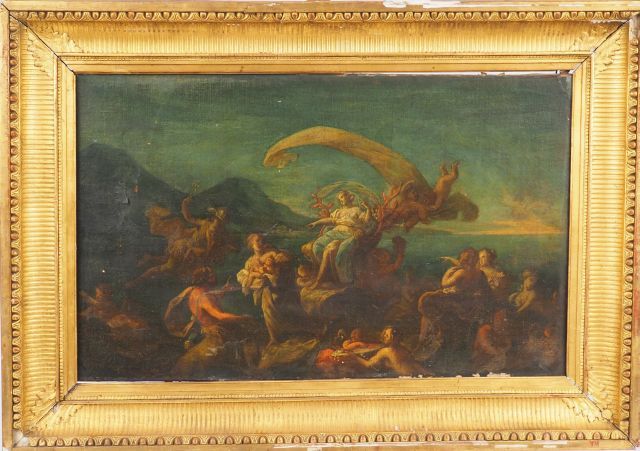 Null 18世纪学校的 "神话场景"。

布面油画

尺寸：43 x 69,5 cm (事故，重绘)