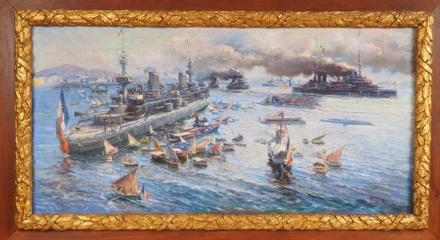 Null Paul LÉVERÉ.

"法国舰队在土伦岛的路障"。

布面油画，右下方有签名，日期为1915年。

尺寸：68 x 137厘米。