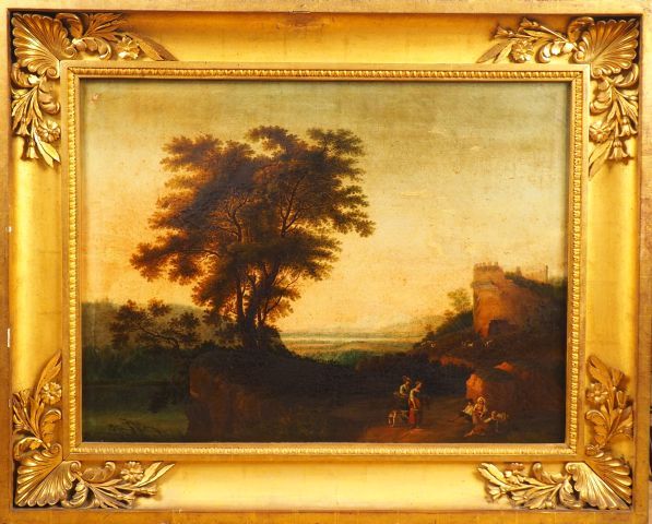 Null 19世纪初的意大利画派 "有人物和废墟的动画景观"。

布面油画

尺寸：73,5 x 97 cm (重新上色，与画框发生意外)

专家 : Cabi&hellip;