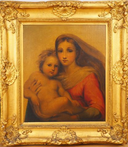 Null 法国学校，19世纪初。

"圣母与儿童"。

布面油画。

美丽的拿破仑三世木质和镀金灰泥框架。

尺寸：82 x 66厘米。