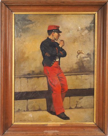 Null 蒙哥 "士兵抽着烟斗

布面油画，左下角有签名

尺寸73 x 59,5厘米（裂缝）。