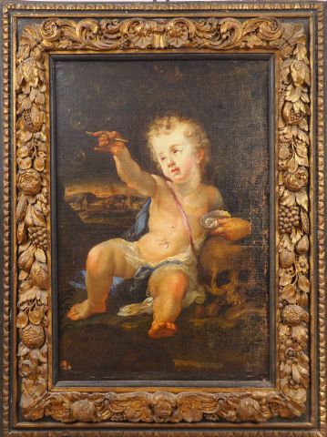 Null 意大利学校十七世纪的 "带肥皂泡的婴儿耶稣"。

布面油画，带水果装饰的雕刻和镀金木框（状况一般

尺寸 83 x 58 cm