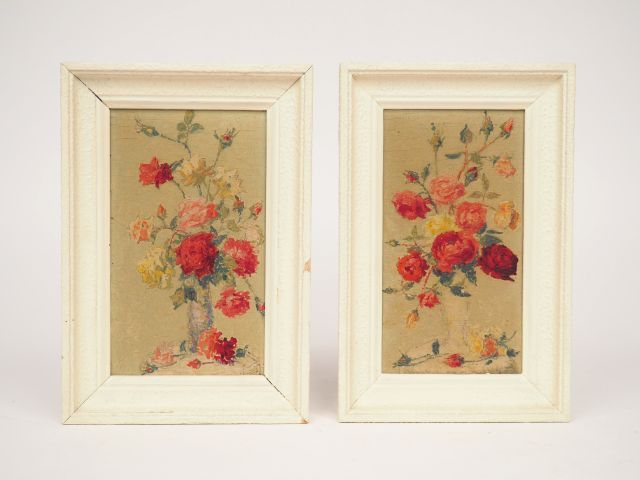 Null Achille LAUGE.一对小玫瑰花束"。

一对面板，约1920年。

尺寸：19 x 11,5 cm。

尼科尔-坦布里尼的证书。