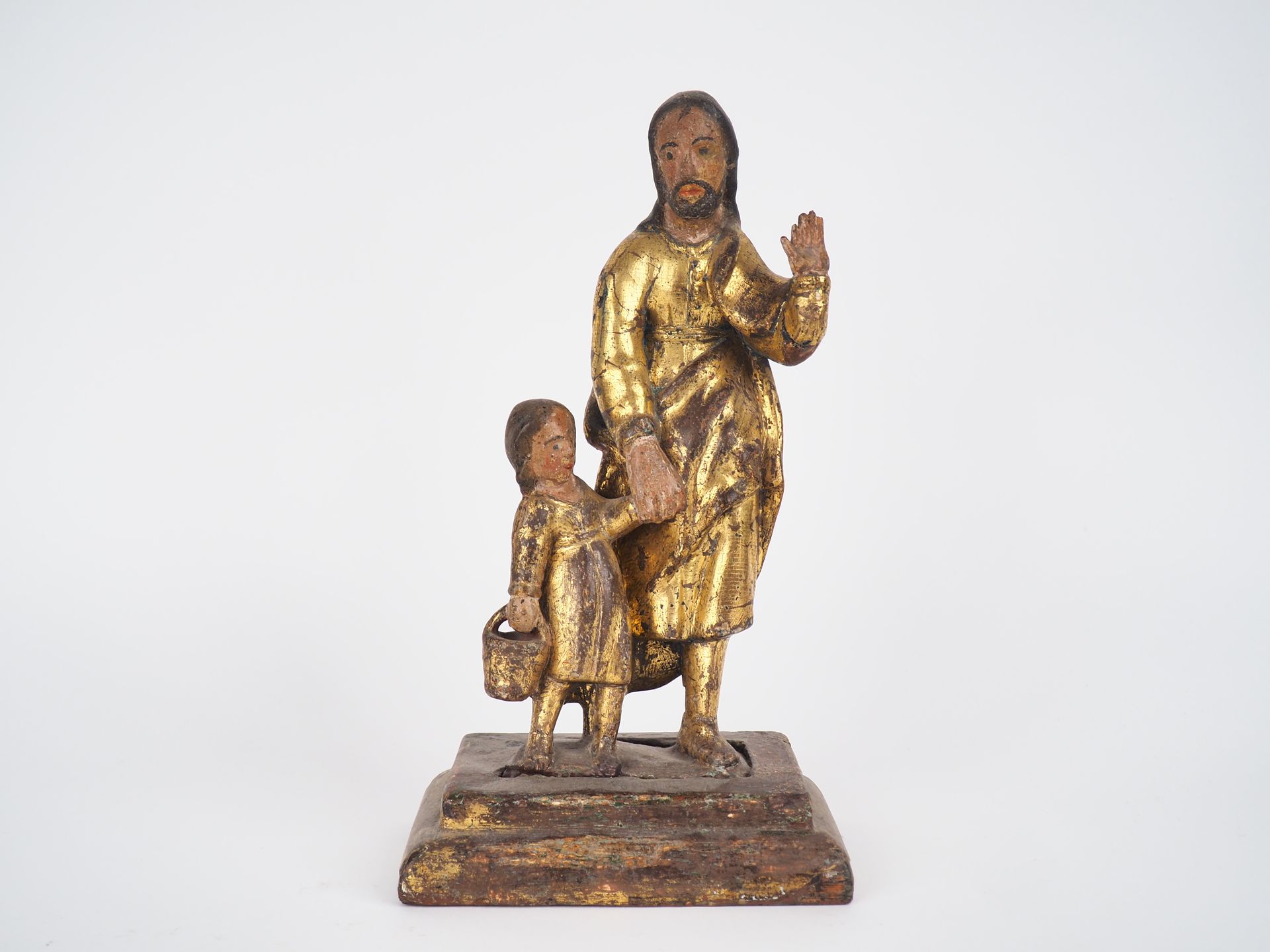 Null 法国学校 十八世纪。

"圣约瑟夫和婴儿耶稣"。

雕刻和镀金的木组。

H.31厘米。