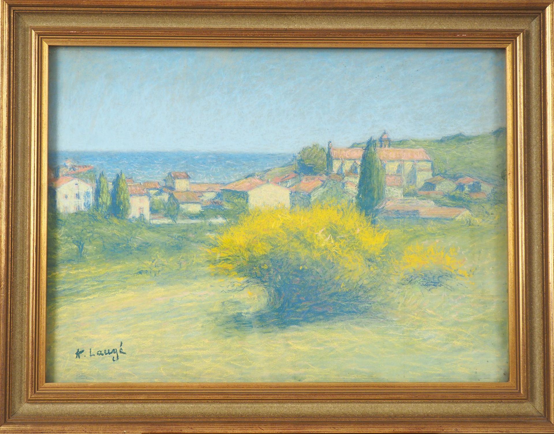 Null 
A.刘海。 




"从Ambeille山上看到的Collioure aux genêts"。




粉笔画。




左下角盖有印章。



&hellip;