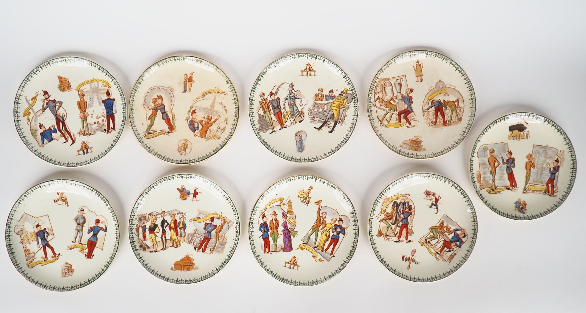 Null 
套装9个盘子，用Choisy le Roi细陶器制作，有多色装饰和说明。



(Fels on two plates)。