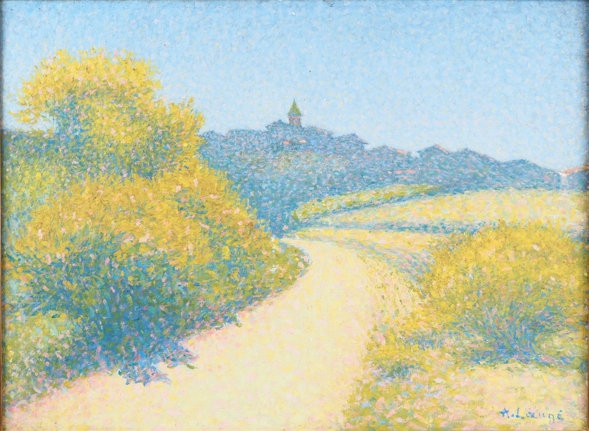 Null A. LAUGE. 

"Route aux genêts vers Cailhau"

Huile sur toile. Circa 1920-19&hellip;