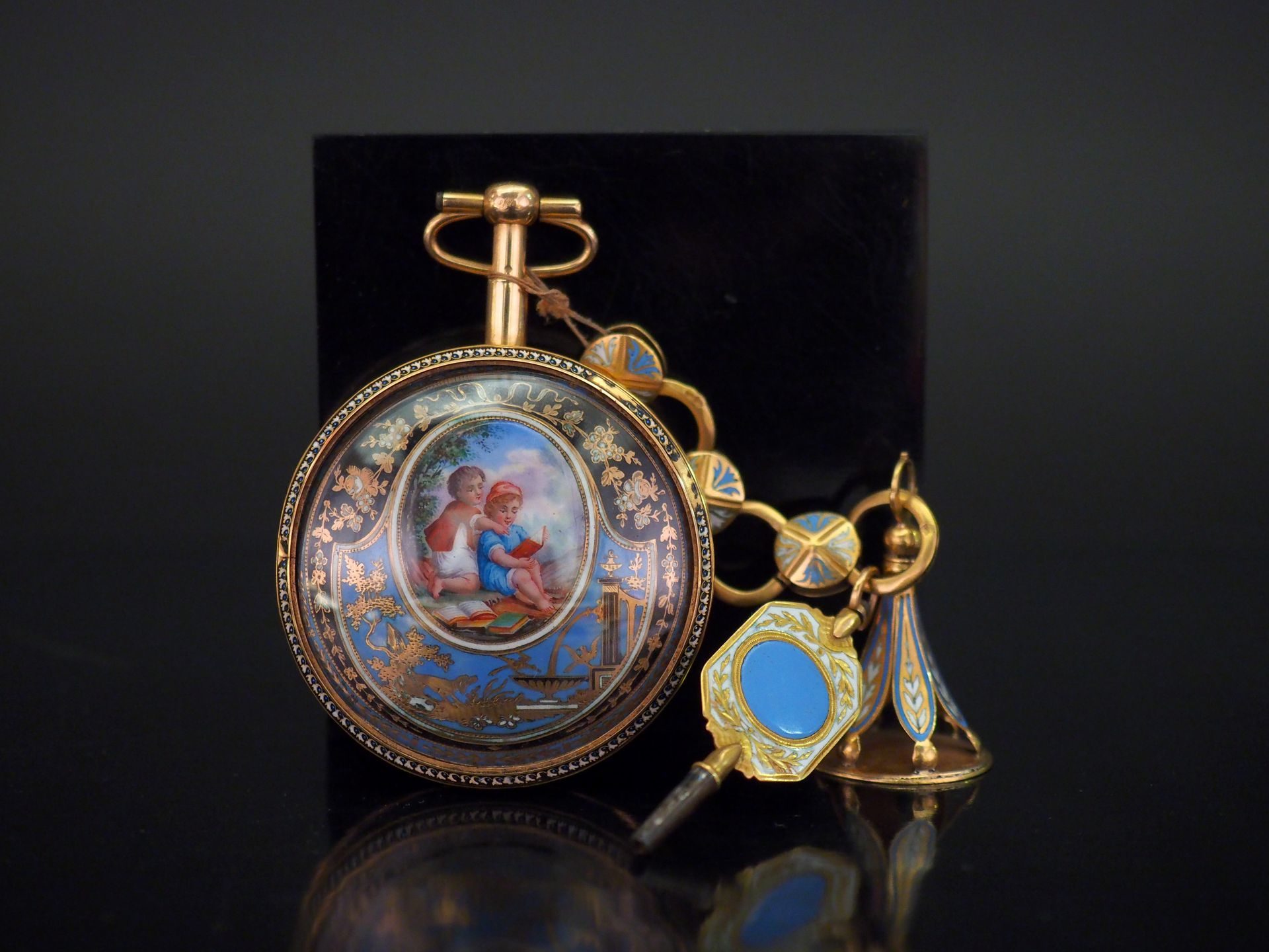 Null Louis XVI style pocket watch and its chatelaine in yellow gold and polychro&hellip;