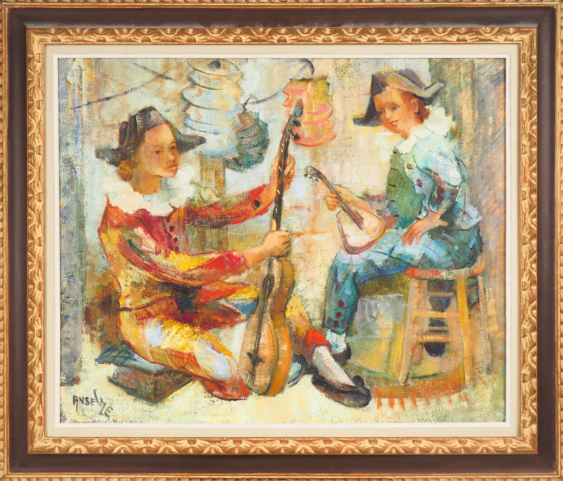 Null ANSELME。
"Harlequin音乐人"。
布面油画，左下方有签名。
尺寸为60 x 73厘米。
