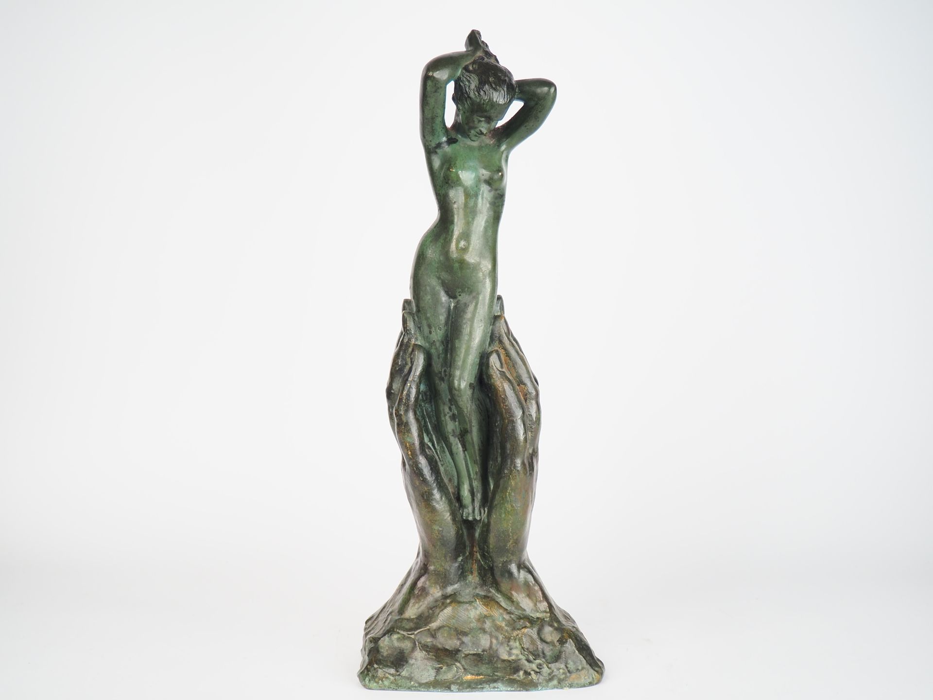 Null Marcel André BOURAINE. 
"The offering"
Sculpture in bronze with green patin&hellip;