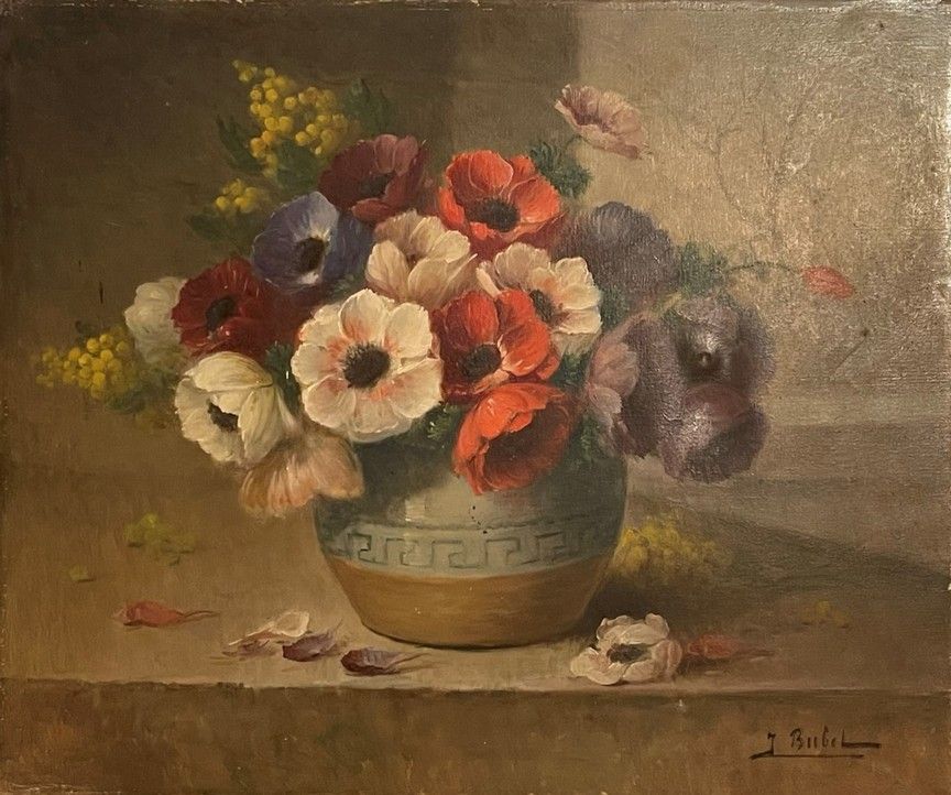 Null J.BUBEL - 现代学校

"花瓶里的海葵"。

布面油画，右下角有签名

54 x 65厘米（意外）。