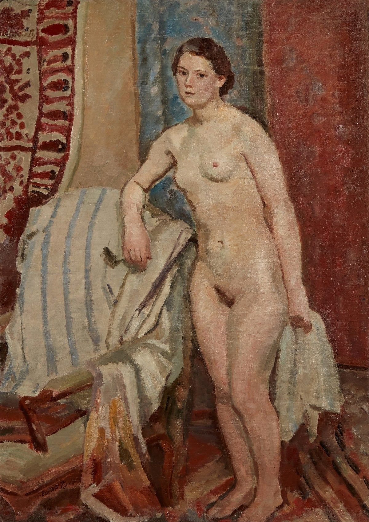 Bertrand py 伯特兰-PY（1895-1973年）

手持白毛巾的裸体站立者

布面油画，左下角有签名

92 x 65 cm