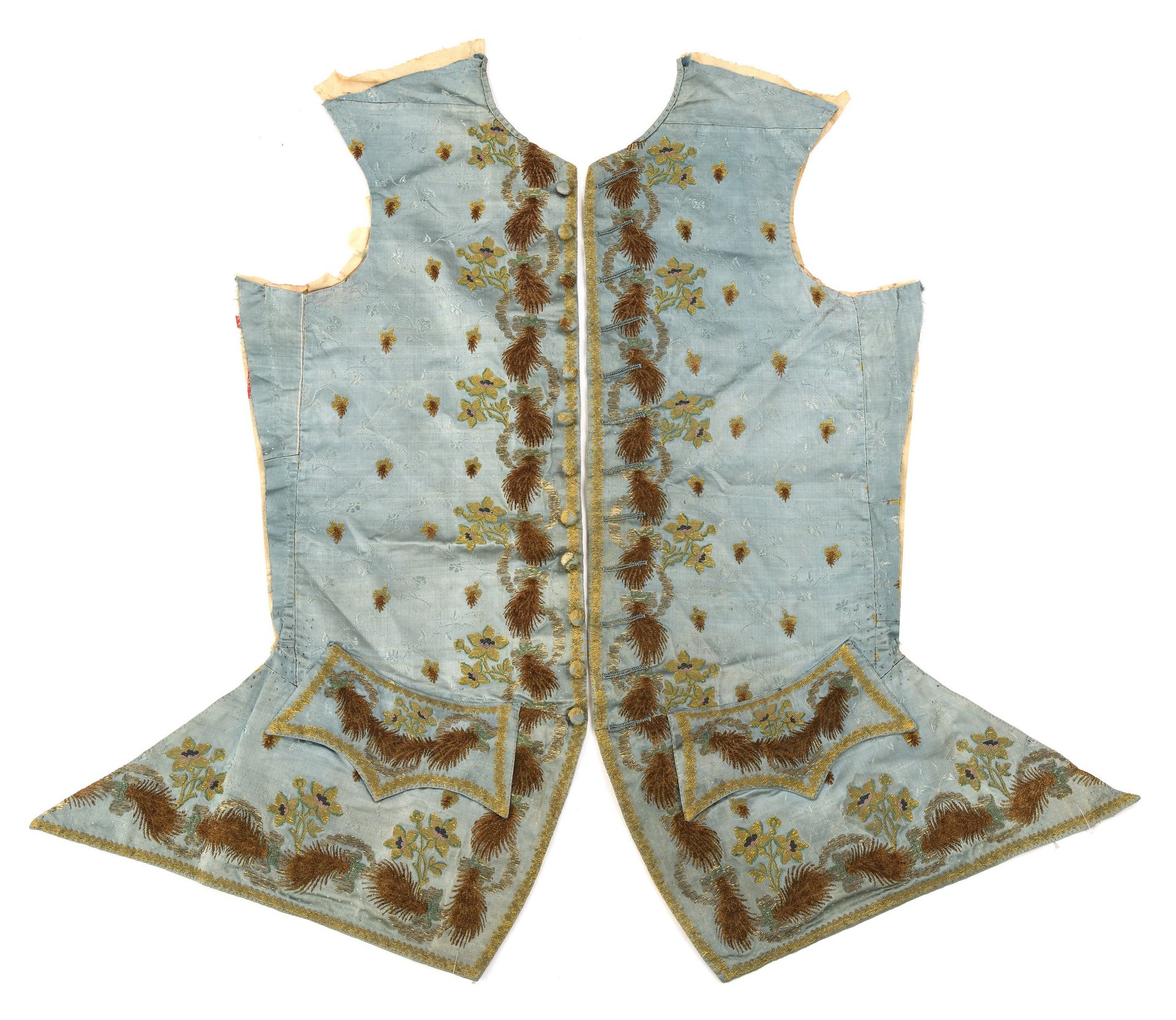 Null Deux pans de gilet, époque Louis XV, satin liseré bleu, décor de branches f&hellip;