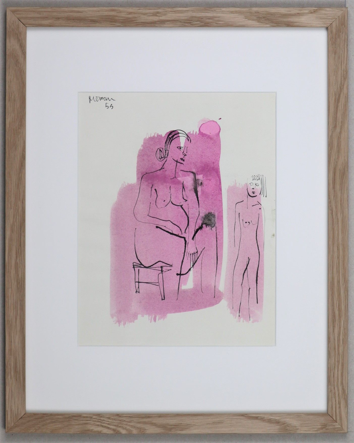 Null Jean-Jacques MORVAN (1928-2005): 《粉红色的母女》，纸上水彩墨迹，标题和日期为55，有木框。