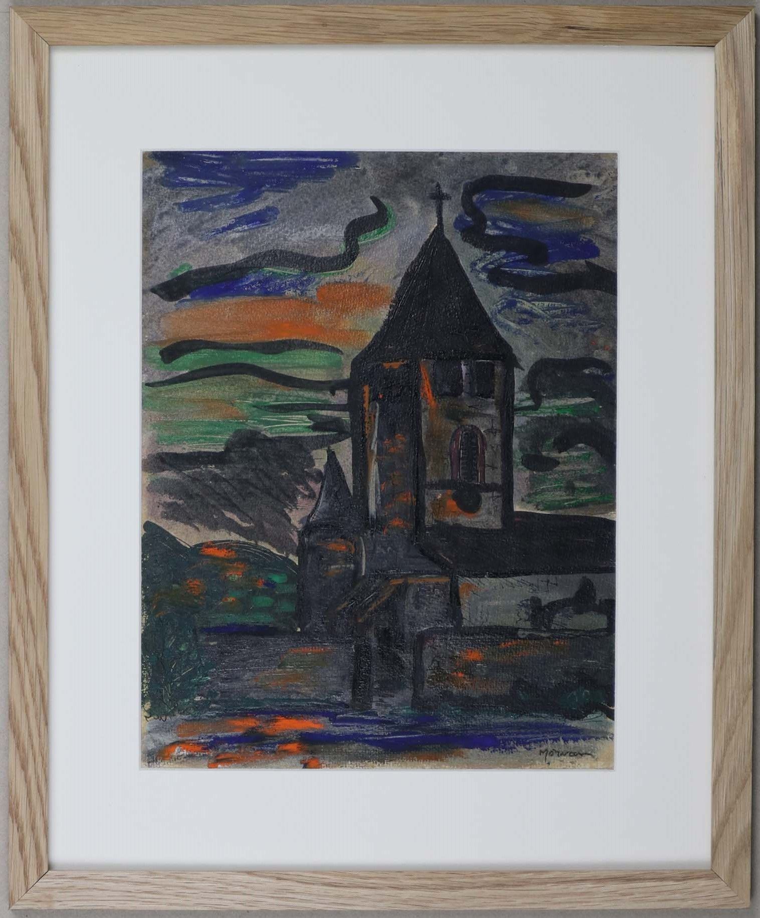 Null Jean-Jacques MORVAN (1928-2005): "乡村教堂"，纸上混合技术，木质框架。32,5x25厘米。