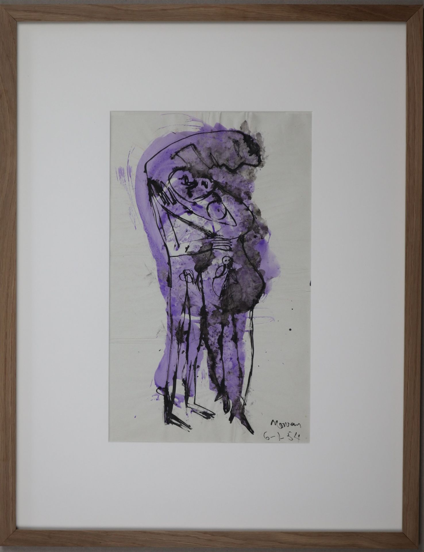Null Jean-Jacques MORVAN (1928-2005): "站着拥抱的夫妇"，纸上水彩和黑墨水，有日期，1954年7月6日，木框。