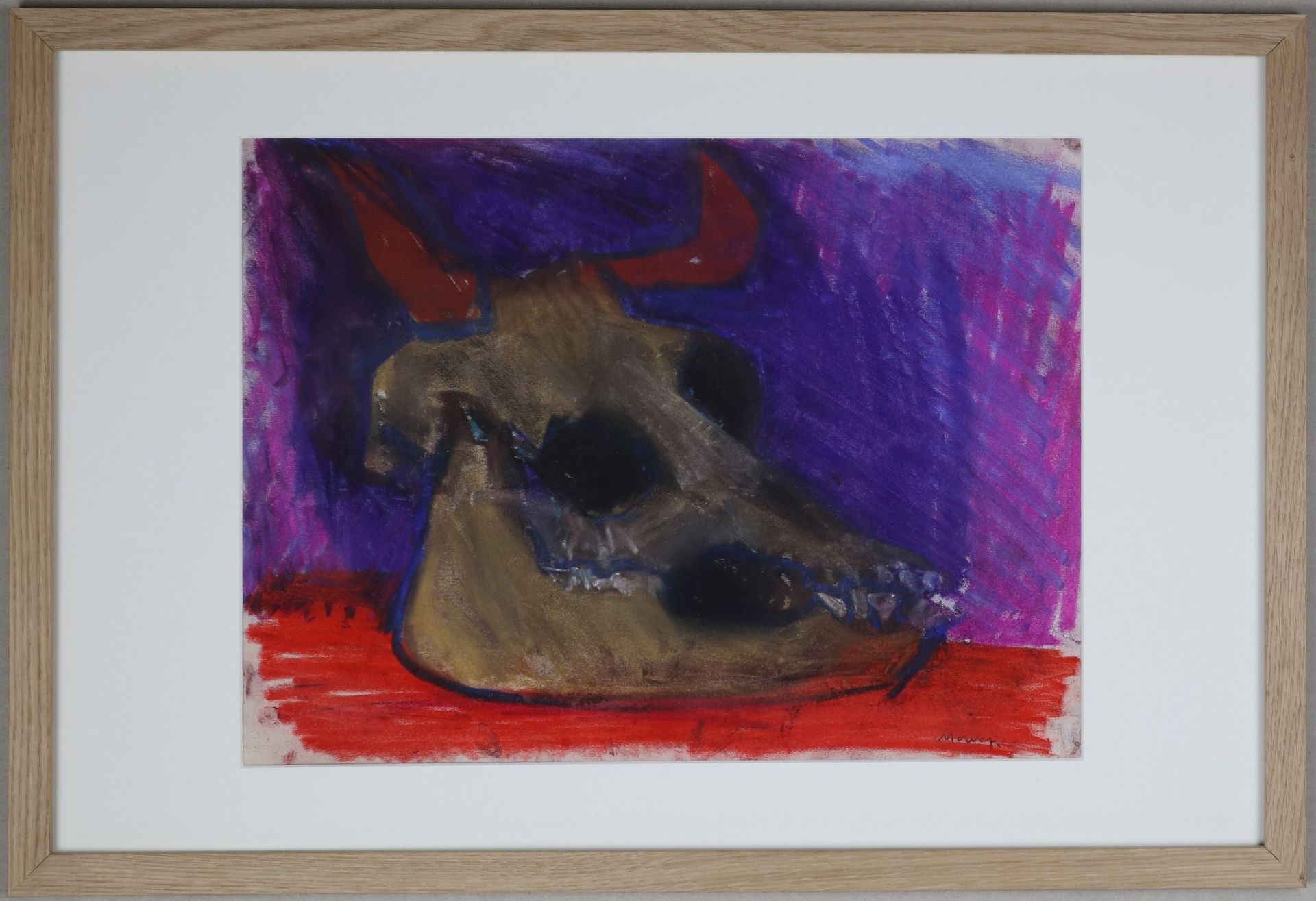 Null 让-雅克-莫凡（1928-2005）：《红色背景下的公牛头骨》，纸上干粉画，有木框。32x42厘米。