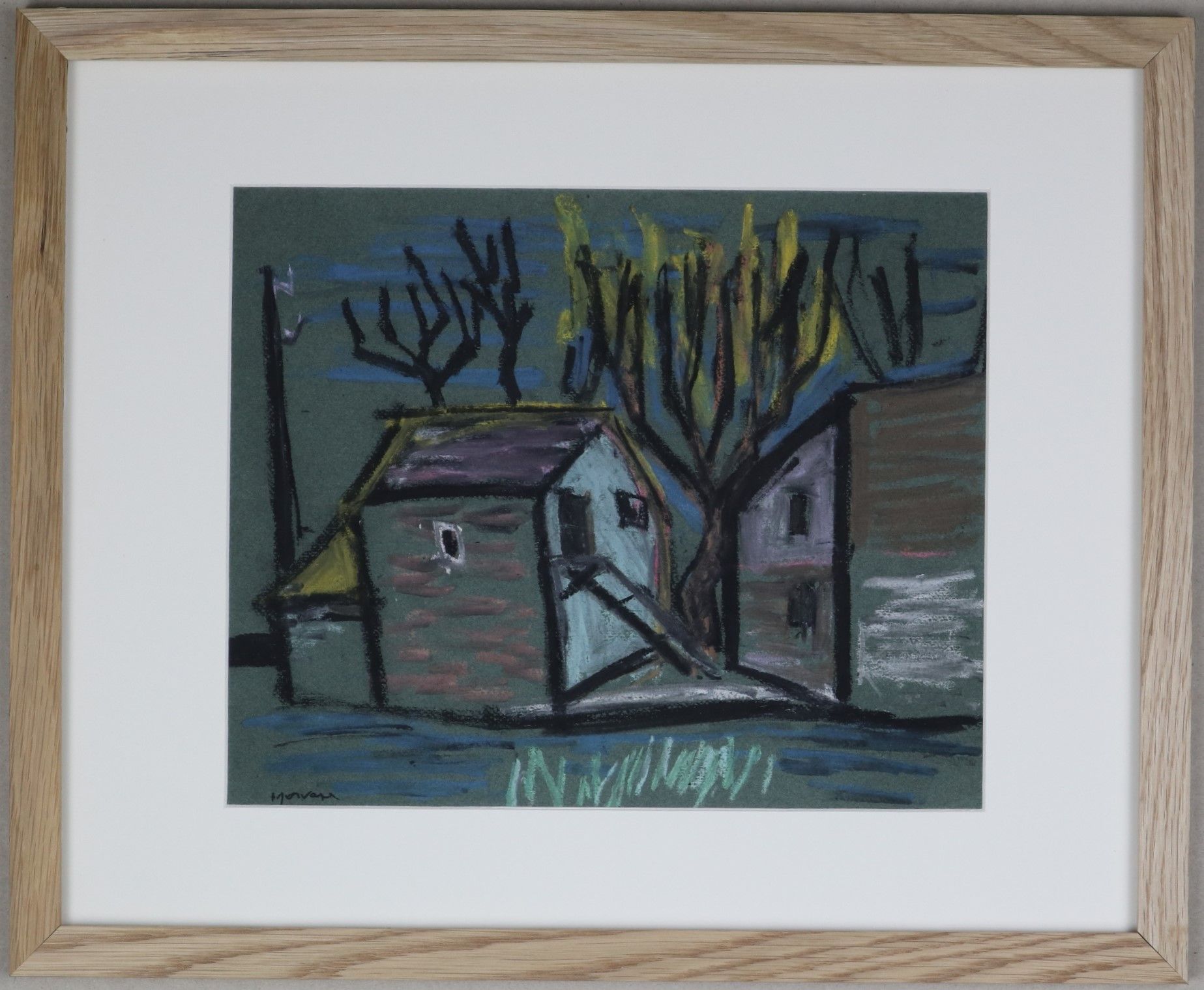 Null Jean-Jacques MORVAN (1928-2005): "冬天的农场"，纸上干粉画，木框，25x30.5厘米。