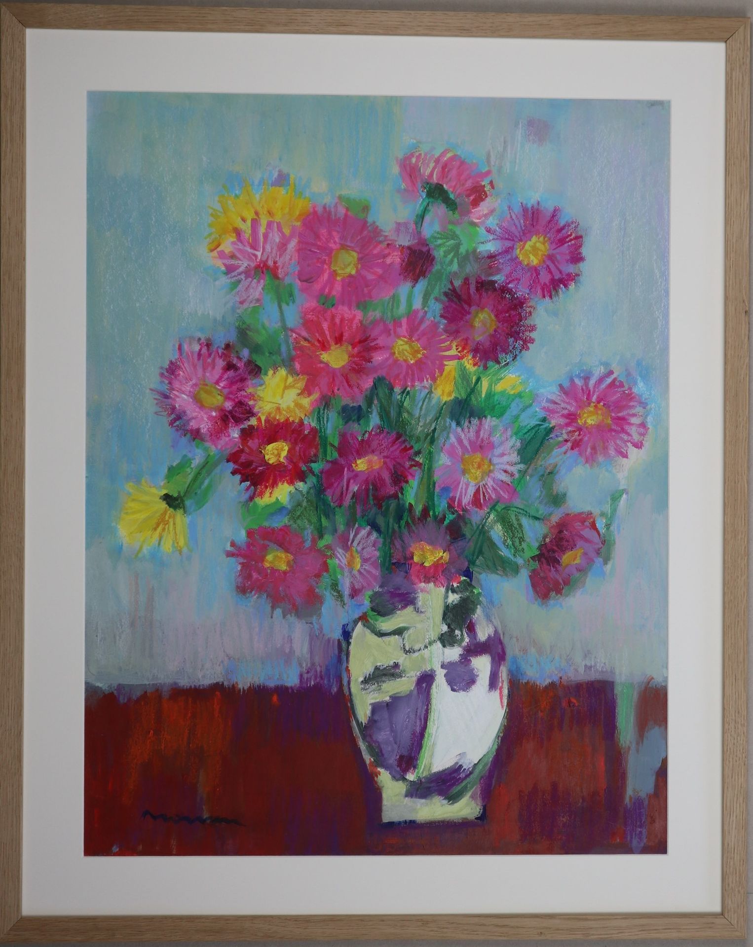 Null Jean-Jacques MORVAN (1928-2005): "Bouquet de fleurs", 纸上丙烯酸和干粉画，木框，64x49厘米。