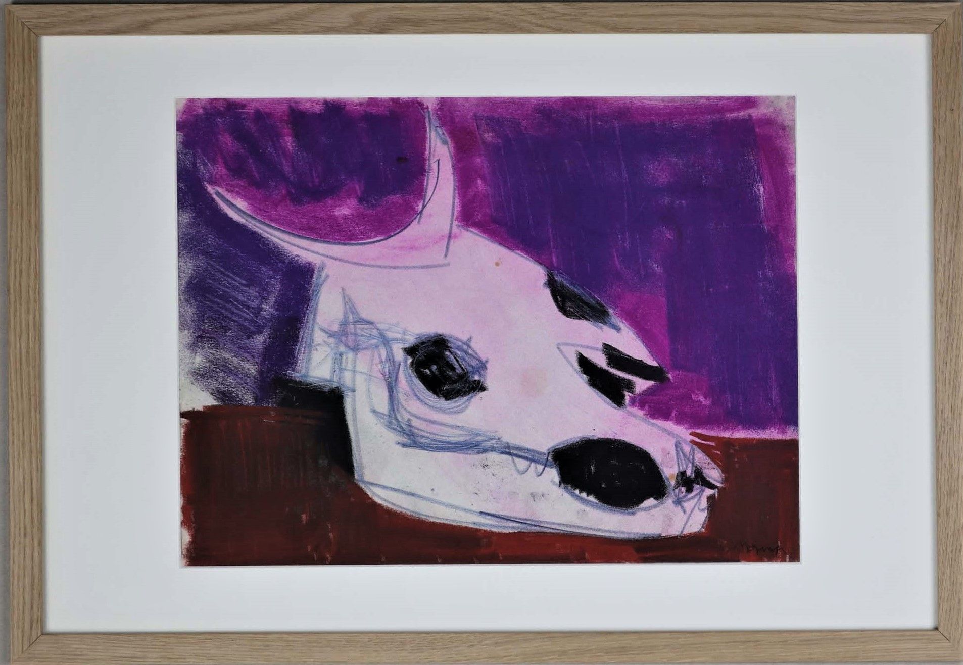 Null 让-雅克-莫凡（1928-2005）：《紫色背景下的公牛头骨》，纸上干粉画，有木框。32x42厘米。