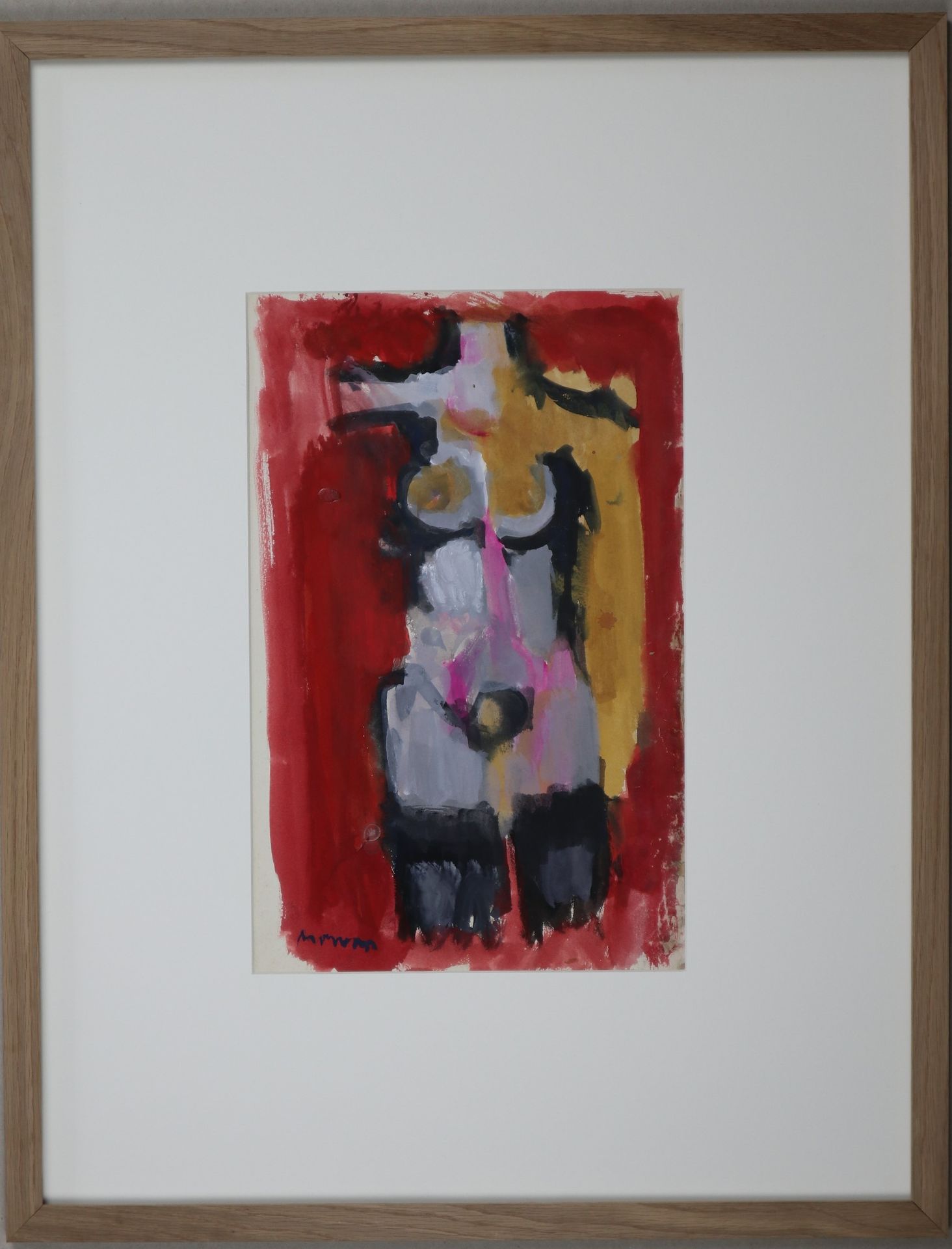 Null Jean-Jacques MORVAN (1928-2005): "橙色背景上有黑色底部的小躯干"，纸上水粉画，sbg，有木框。38x24厘米。
