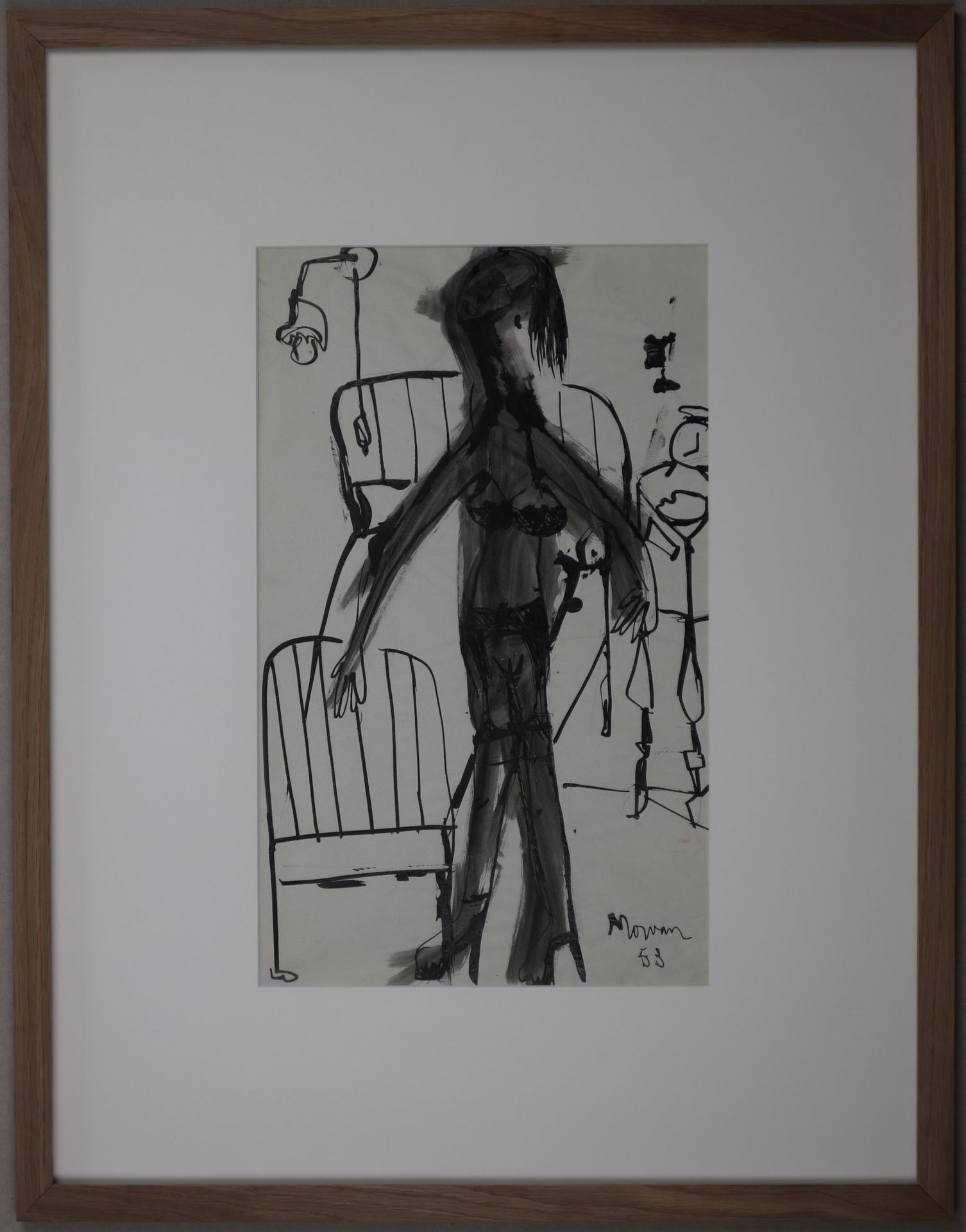 Null Jean-Jacques MORVAN (1928-2005): "带吊袜带的裸体"，水彩和黑墨水，有日期的53号木框，43x26厘米。