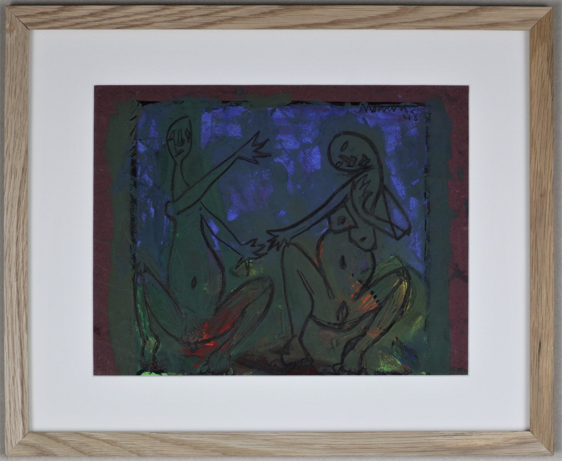 Null Jean-Jacques MORVAN (1928-2005): 《裸体蹲着的夫妇》，纸上粉彩和水粉画，注明日期48，木框内。