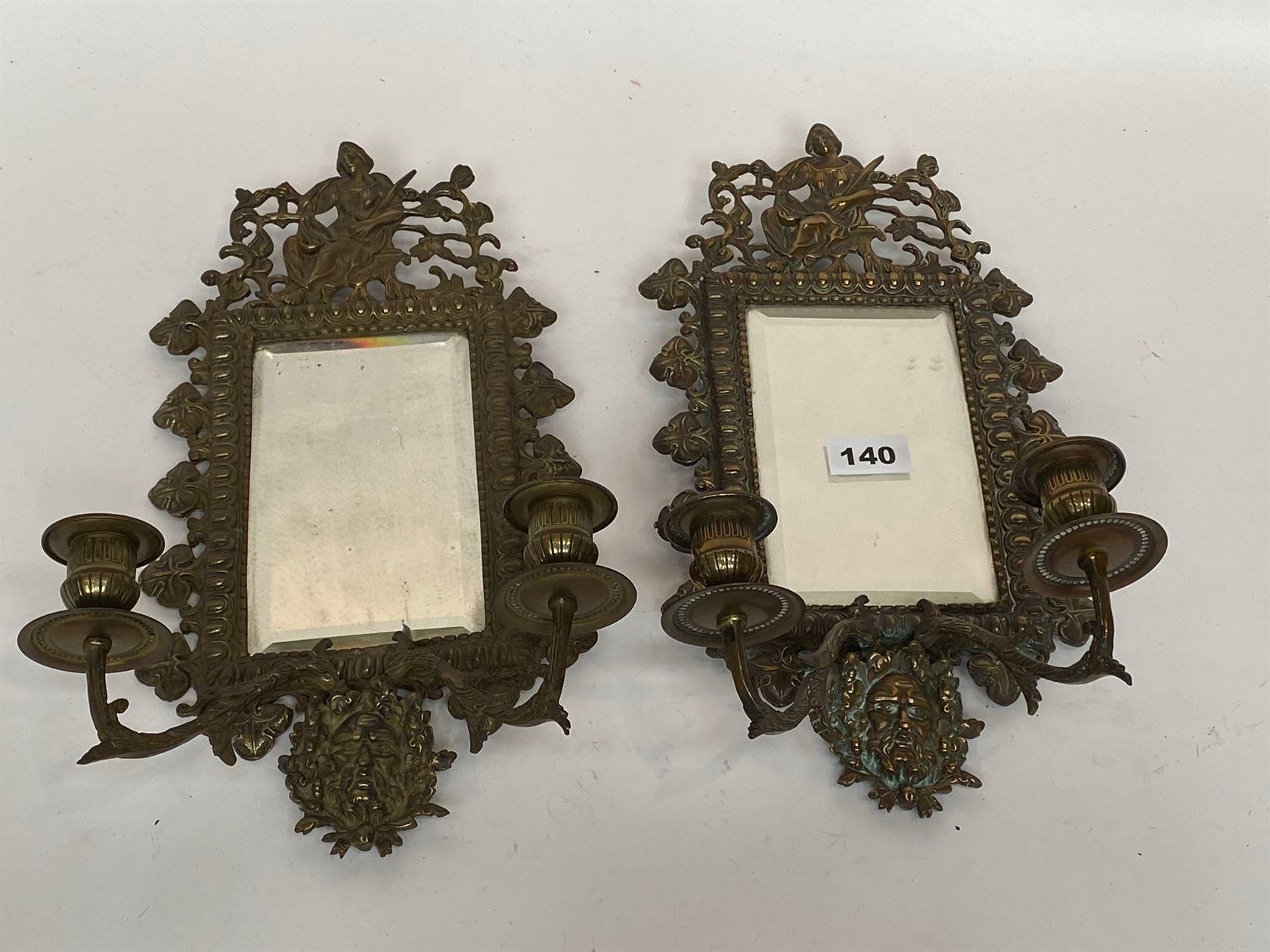 Null Pair of bronze wall mirrors with two arms of light with attachments in the &hellip;