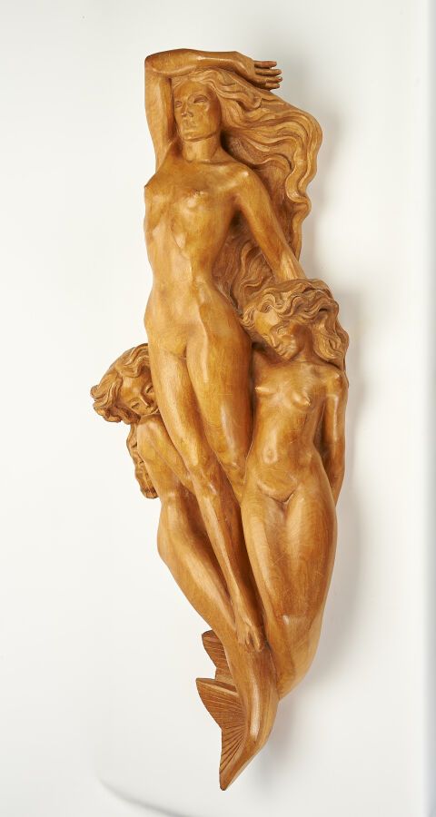 Null Jean FREOUR (1919-2010): "三个美人鱼"，直接用异国情调的木头雕刻，用作船的头像 - 高度140厘米。