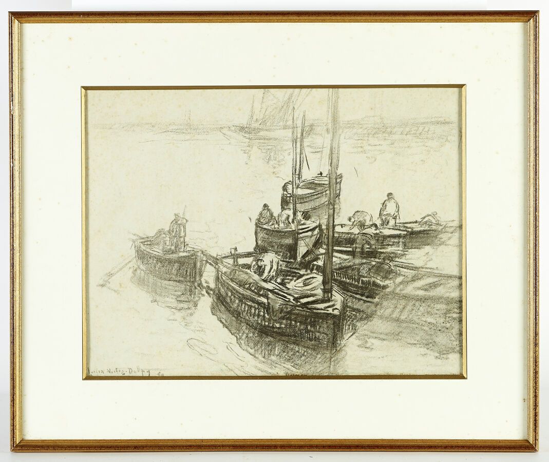 Null DELPY Lucien-Victor (1898-1947): "港口风景"。两张纸上的炭笔sbd和sbg（点蚀和湿润）- 44 x 57,5厘米。