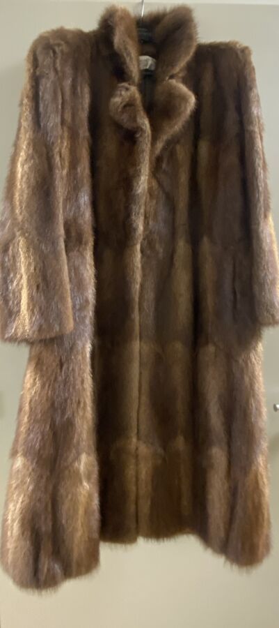 Null PIERRE BALMAIN：黄褐色水貂皮长外套，两边有口袋。肩宽44厘米。长123厘米。