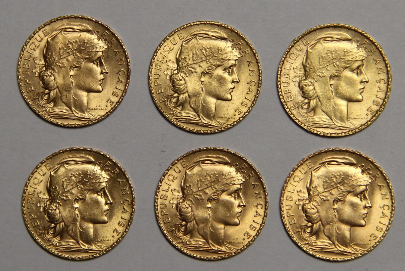Null 六枚20法朗的金币，法兰西共和国，1907年（1），1908年（1），1909年（1），1910年（2），1913年（1）。