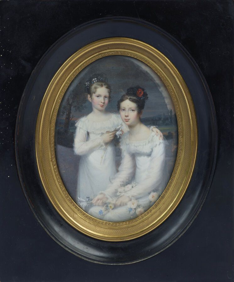 Null LEPINOY Prosper (1792-1859) : "Portrait de deux jeunes filles", miniature s&hellip;