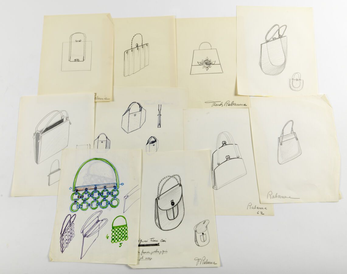 Null Paco RABANNE (1934-2023): SET di 40 disegni di borse. Per lo più grafite su&hellip;