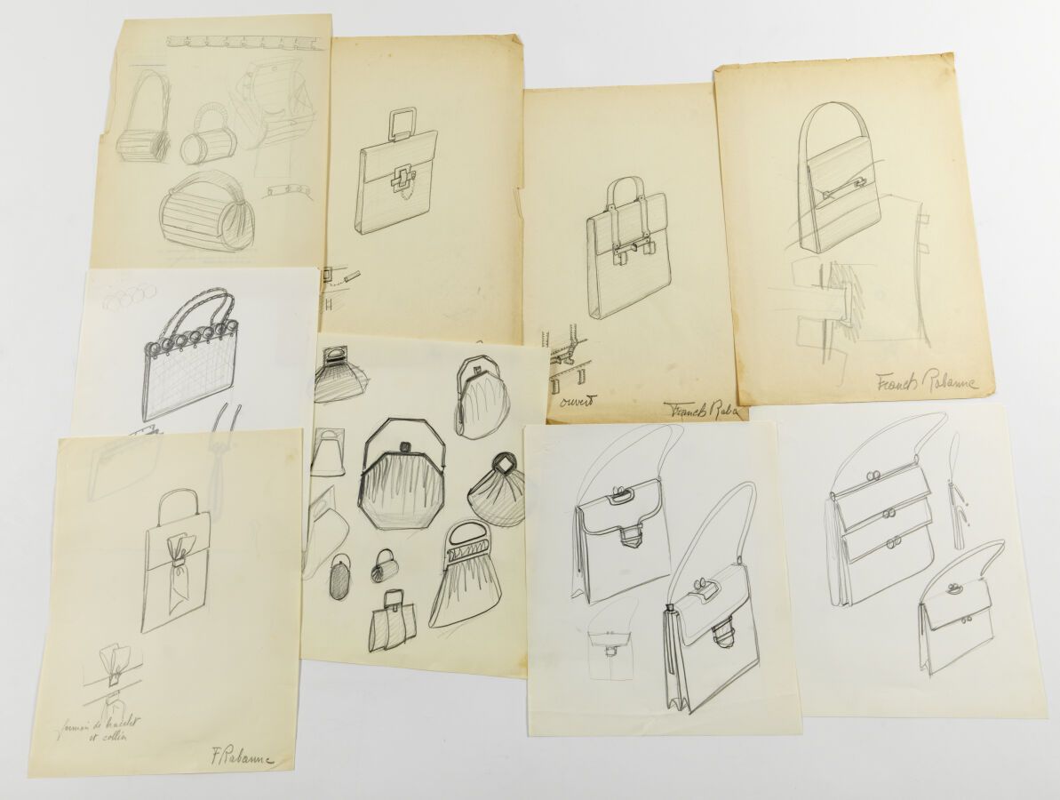 Null Paco RABANNE (1934-2023): CONJUNTO de 40 dibujos de bolsos. Principalmente &hellip;