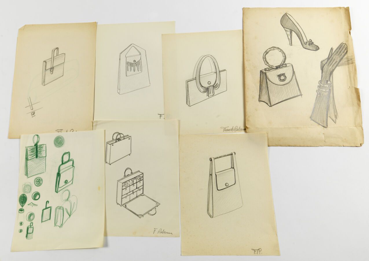 Null Paco RABANNE (1934-2023): SET of 40 drawings of handbags. Mainly graphite o&hellip;