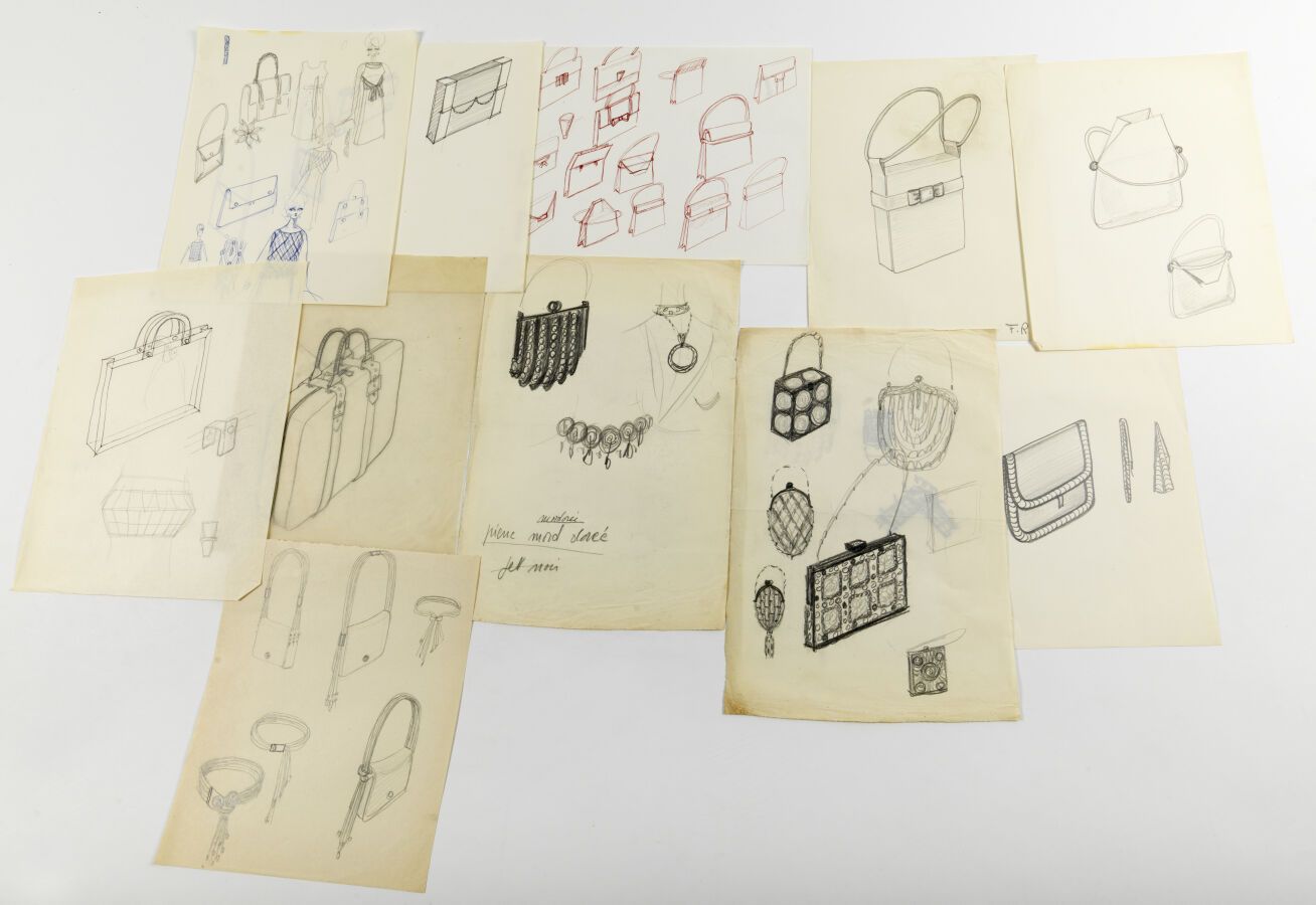 Null Paco RABANNE (1934-2023): CONJUNTO de 40 dibujos de bolsos. Principalmente &hellip;