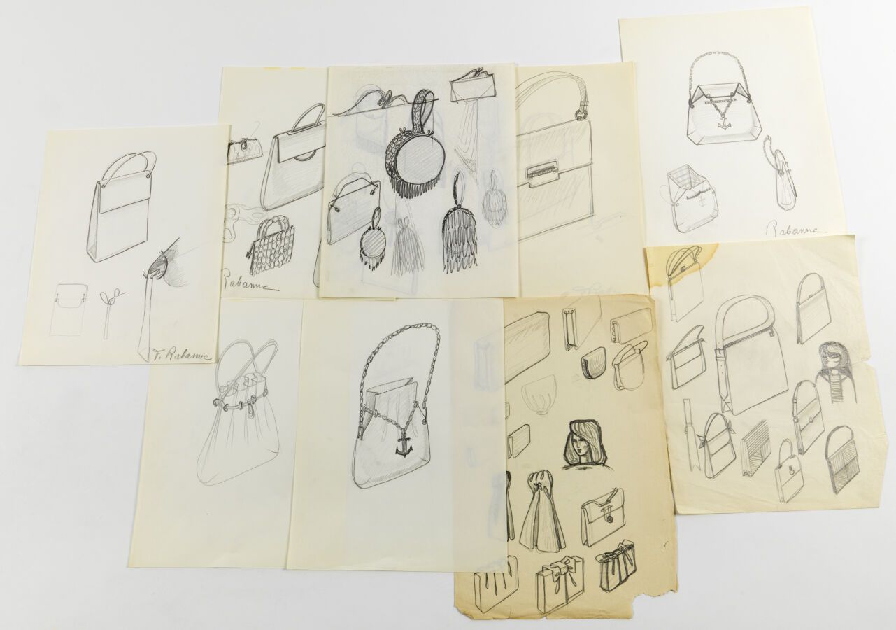 Null Paco RABANNE (1934-2023): SET of 40 drawings of handbags. Mainly graphite o&hellip;