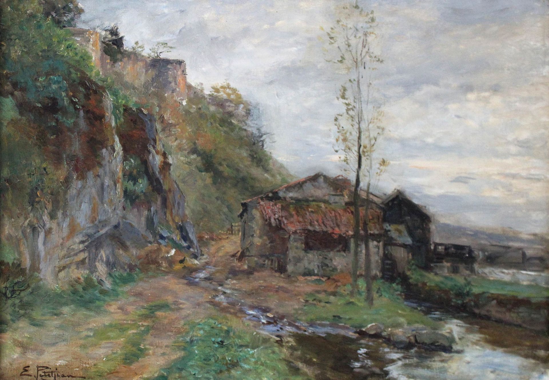 Null Edmond Marie PETITJEAN (1844-1925) Mühle mit Schaufelrad am Flussufer. Öl a&hellip;