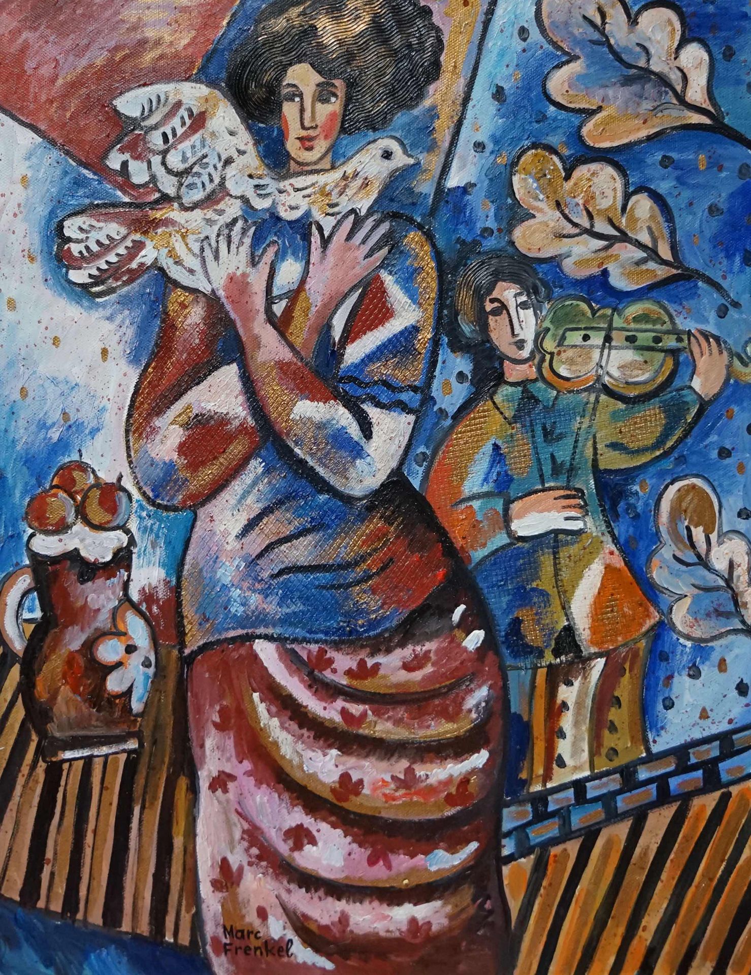 Null Marc FRENKEL，20世纪。带着鸽子的女人左下角签名的布面油画，50 x 40 cm