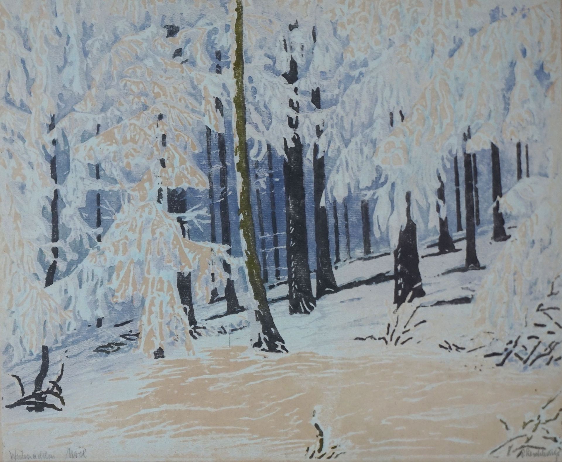 Null Paul LESCHHORN (1876-1952) 雪地上的灌木丛。彩色木刻，右下方有签名。37,5 x 46,5 cm