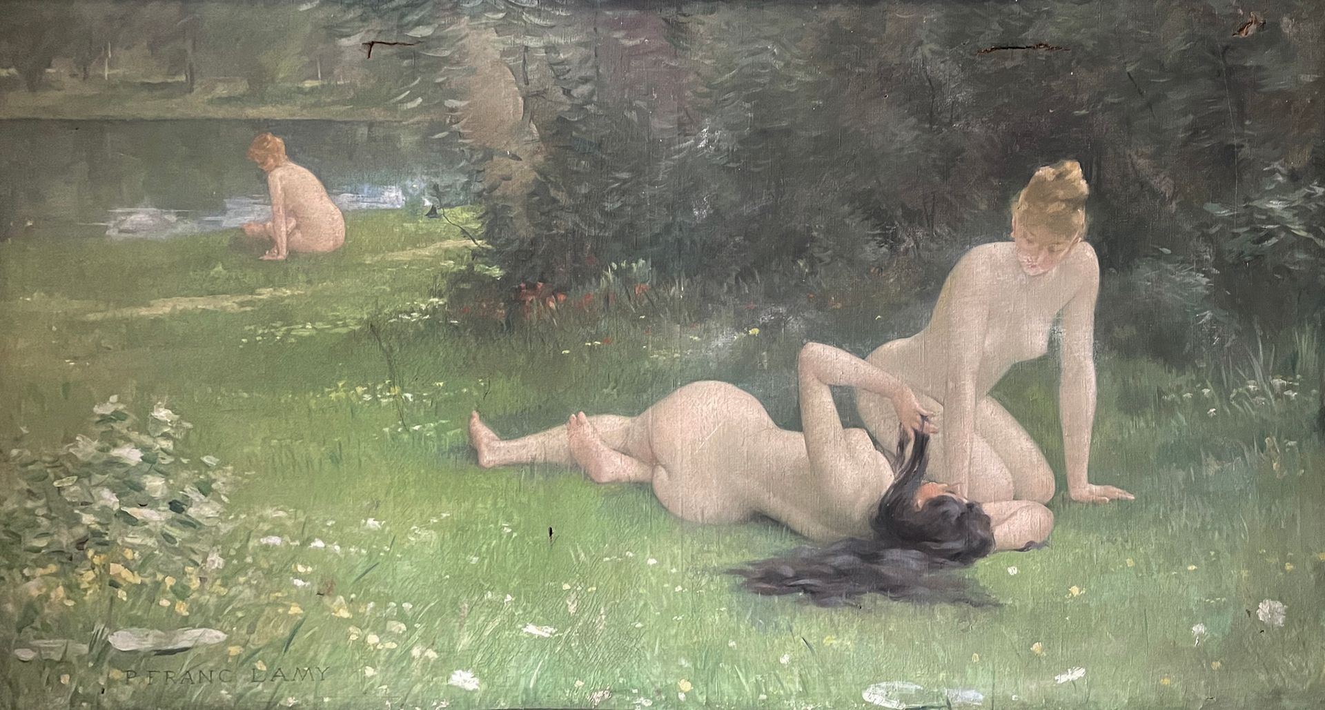 Pierre Franc LAMY (1855-1919) 
皮埃尔-弗朗西斯科-拉米（1855-1919） 《三个洗澡者》。布面油画，左下方有签名。(事故）。&hellip;